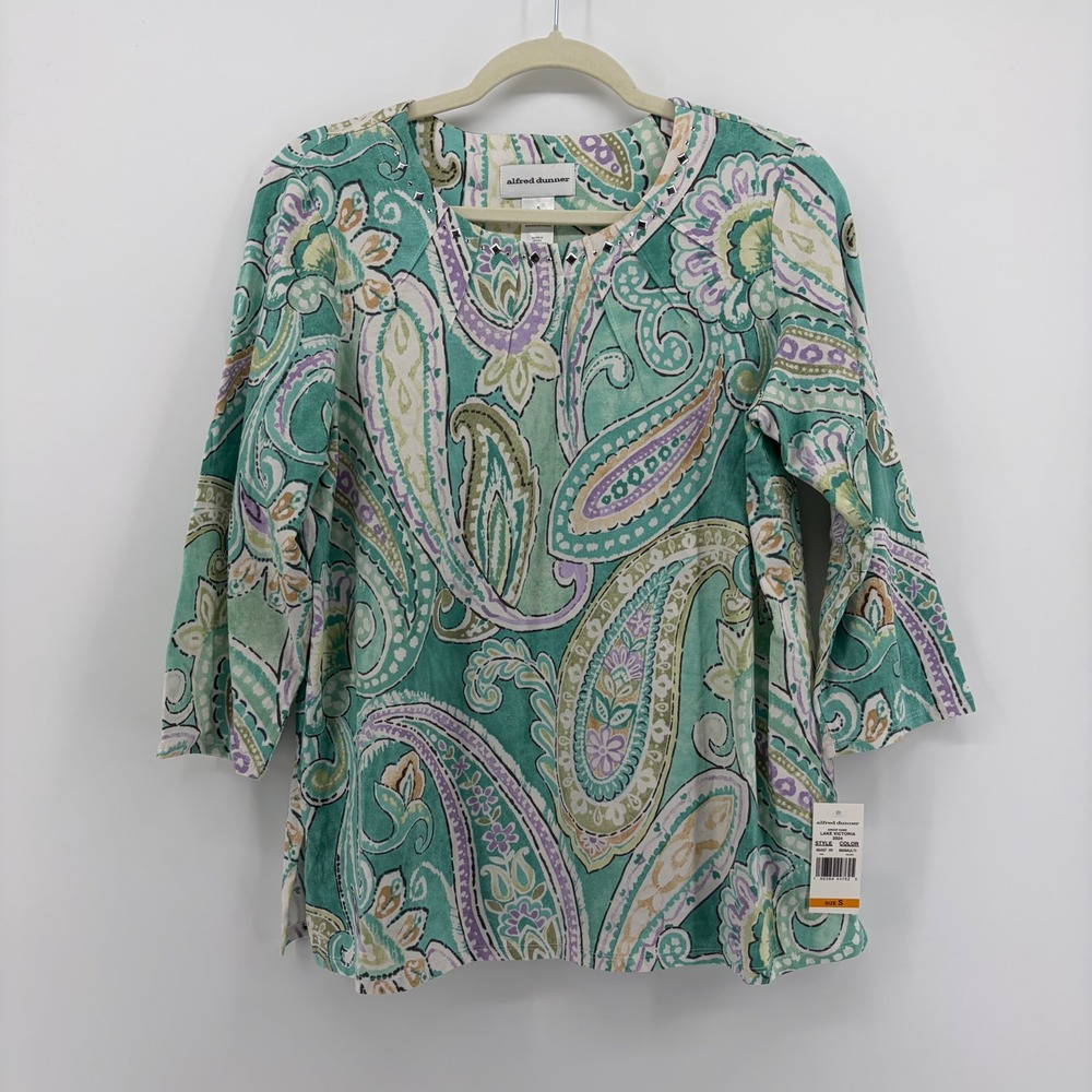 Alfred Dunner Womens Small Green Paisley 3/4 Sleeve Studded Crew Neck Top